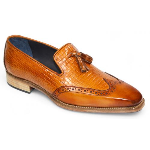 Duca Di Matiste "Cosenza" Cognac Genuine Italian Calf Leather Weave Print Loafers.